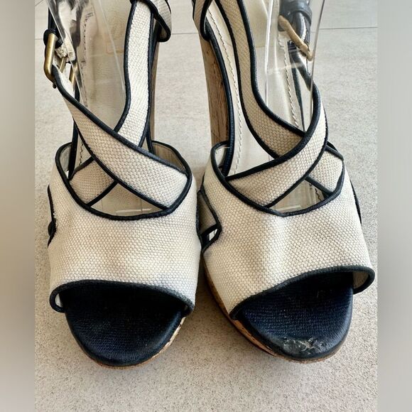 Yves Saint Laurent White/Navy Blue Canvas Deauville Cork Wedge Sandals Size 39 - Picture 3 of 10